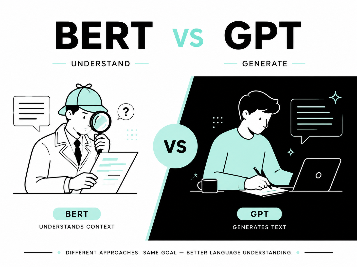Split illustration titled BERT vs GPT. On the left a detective with a magnifying glass, labelled 'BERT understands context'. On the right a person writing at a laptop, labelled 'GPT generates text'. Caption: different approaches, same goal - better language understanding.